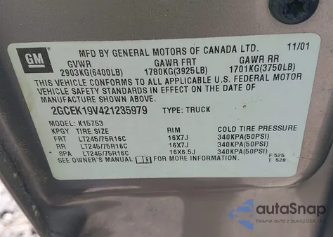 2002 Chevrolet Silverado 1500 Ls from USA, damaged, VIN 2GCEK19V421235979